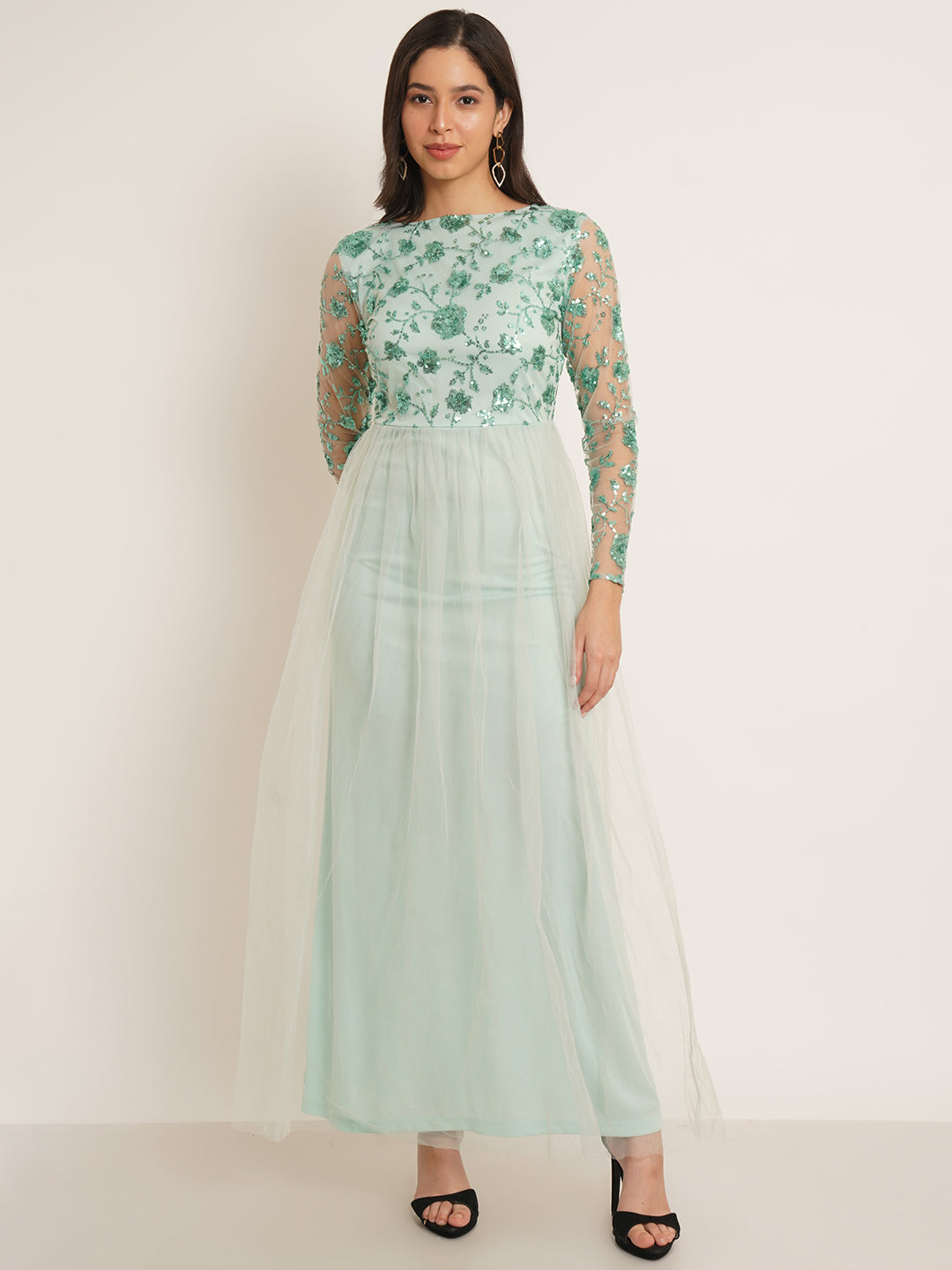 Women Green Embellished Floral Round Neck Maxi Gown