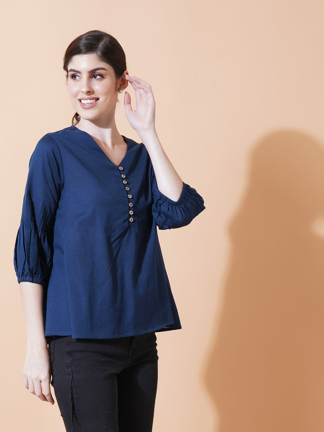 Women Navy Blue Solid Cotton Flex Top