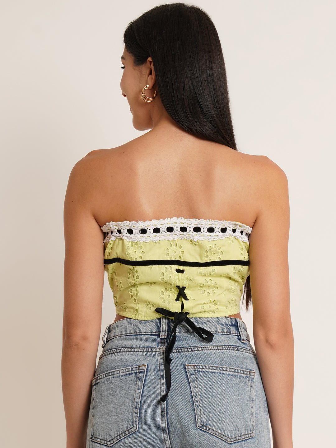 Women Yellow & Black Schiffli Off-Shoulder Cotton Crop Top