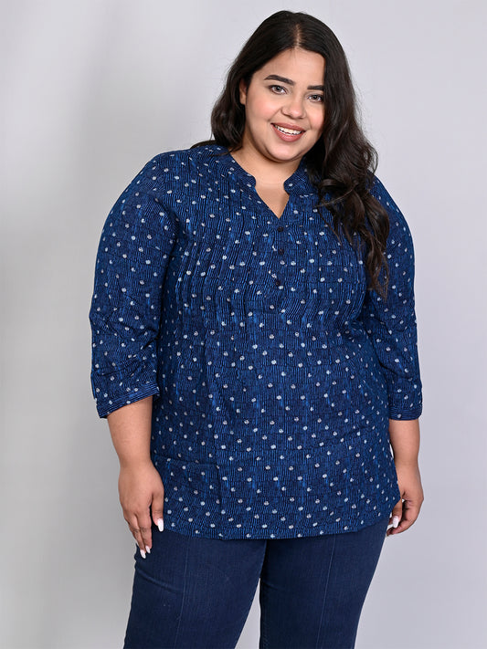 Women Plus Size Blue Printed Pintuck Mandarin Collar Longline Top