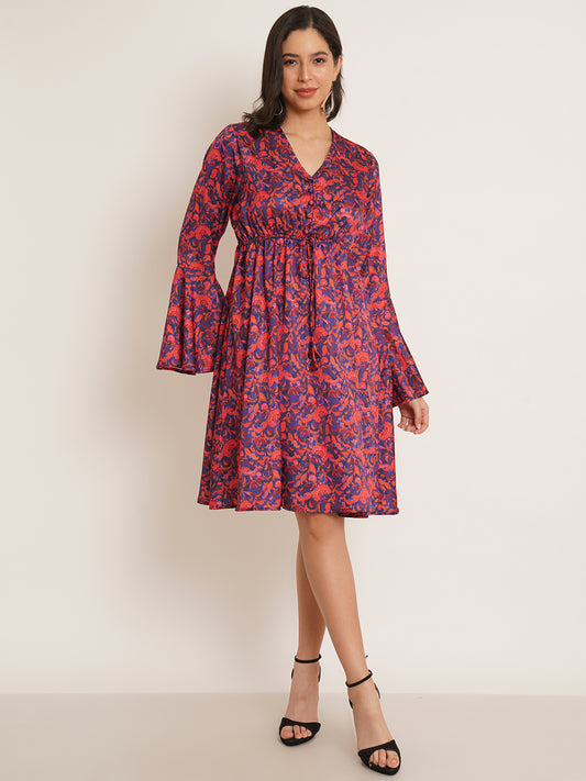 Women Red & Navy Blue Printed Bell Sleeve Drawstring Fit & Flare Dress