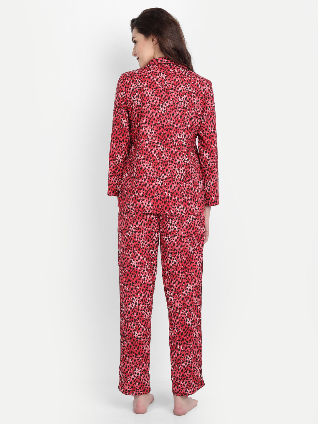 Women Black & Red Animal Print Polyester Pyjama & Shirt Nightsuit Set