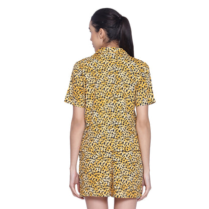 Women's Black & Yellow Printed Polyester Shorts & Shirt Nightsuit Set