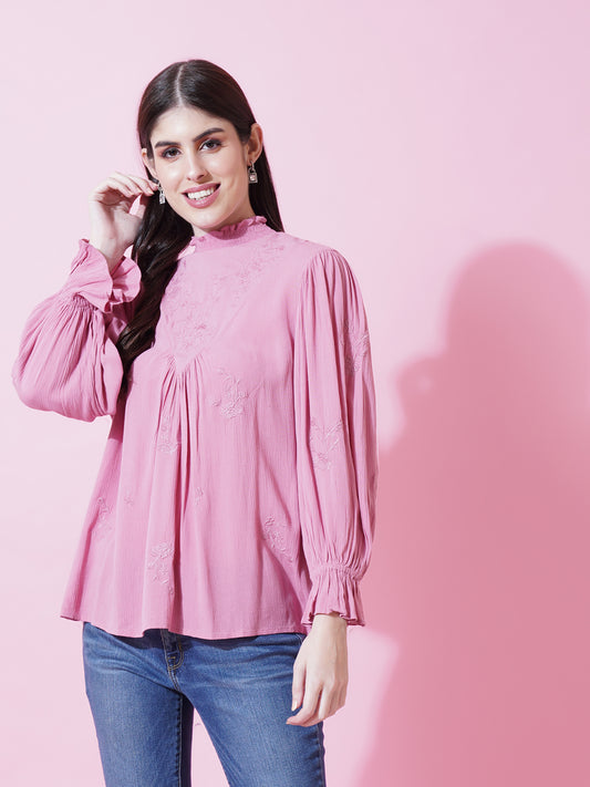 Women Pink Embroidered High Neck Smocked Top