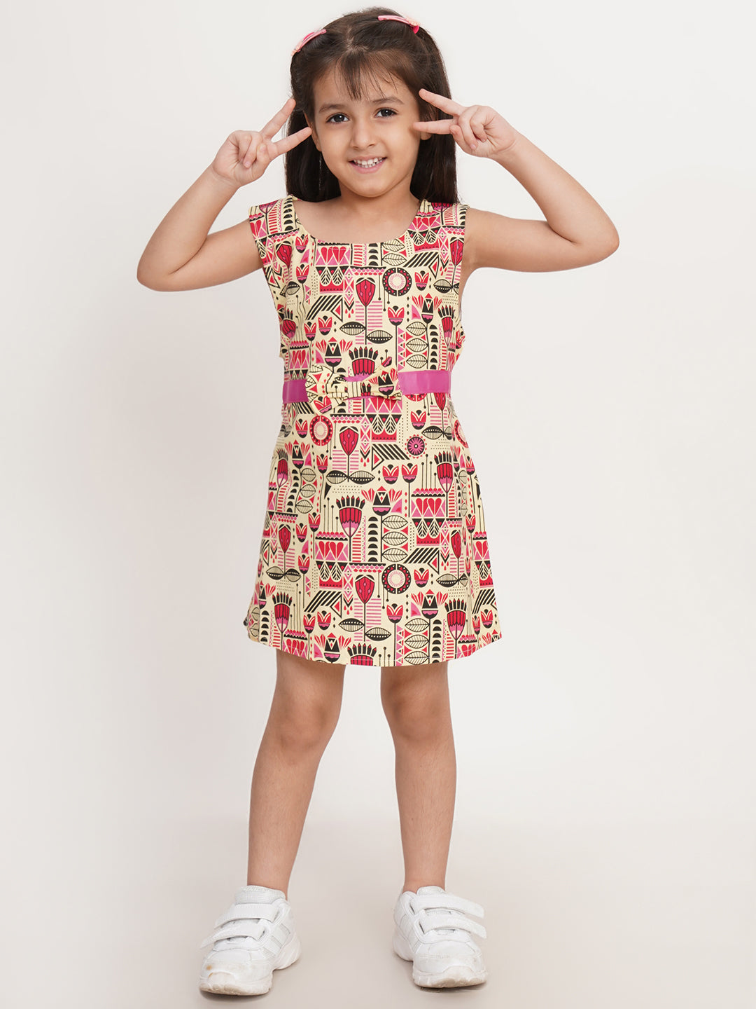 CREATIVE KID'S Girl Pink & Red Printed Cotton A-Line Dress