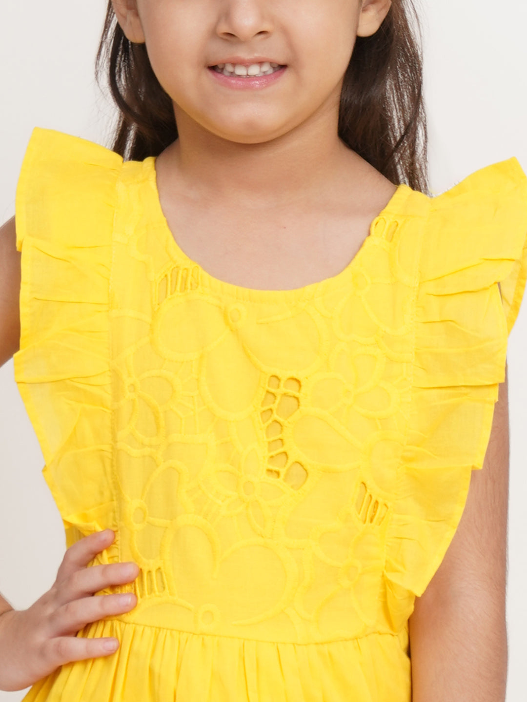 CREATIVE KID'S Girl Yellow Schiffli A-Line Dress With Pocket