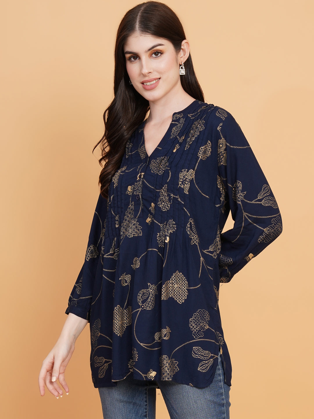 Women Navy Blue Pintuck Mandarin Collar Pintuck Tunic