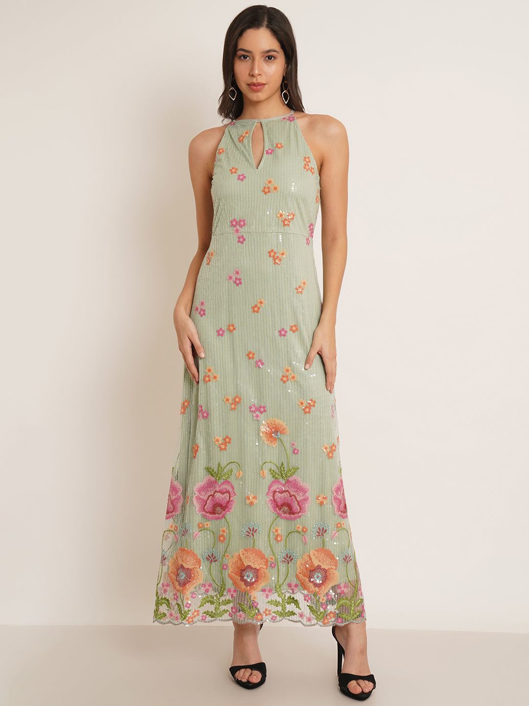 Women Green & Pink Embellished Floral Bridesmaid Maxi Dress