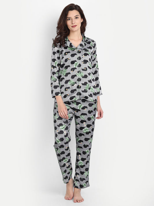 Women Black & White Satin Pyjama & Shirt Nightsuit Set