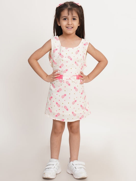 CREATIVE KID'S Girl White & Pink Fruit Print A-Line Cotton Dress