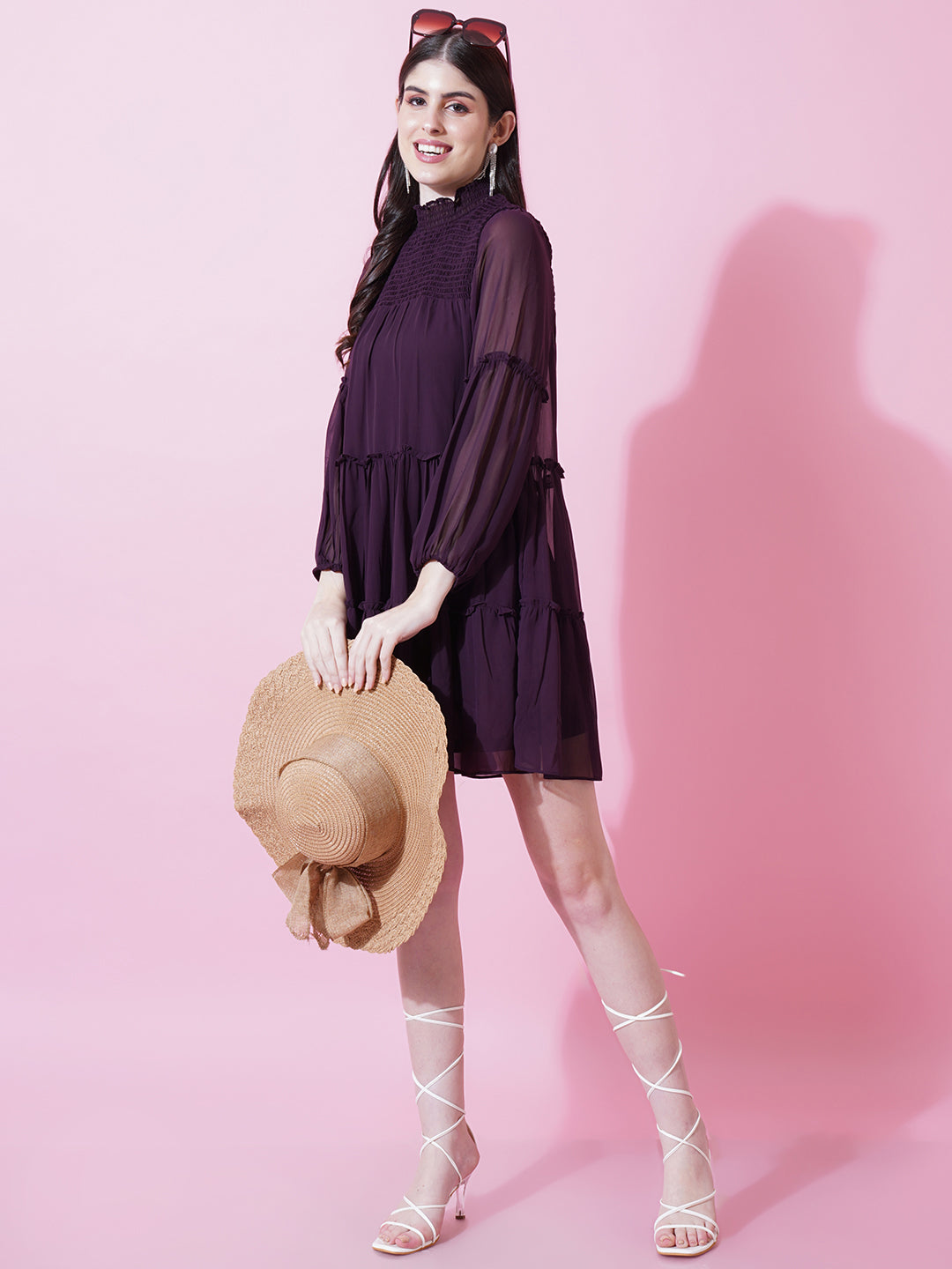 Women Magenta Purple Solid Above Knee Length Smocked Dress