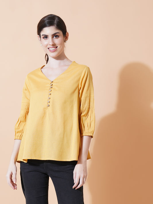 Women Yellow Solid Cotton Flex Top