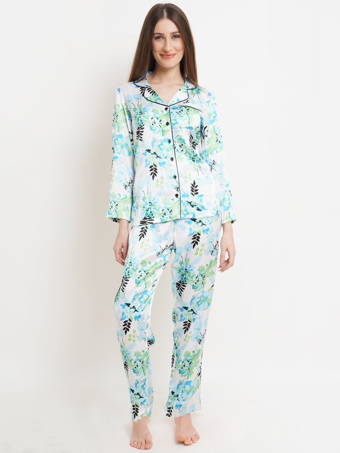 Women Green & White Satin Leaf Print Pyjama & Shirt Nightsuit Set