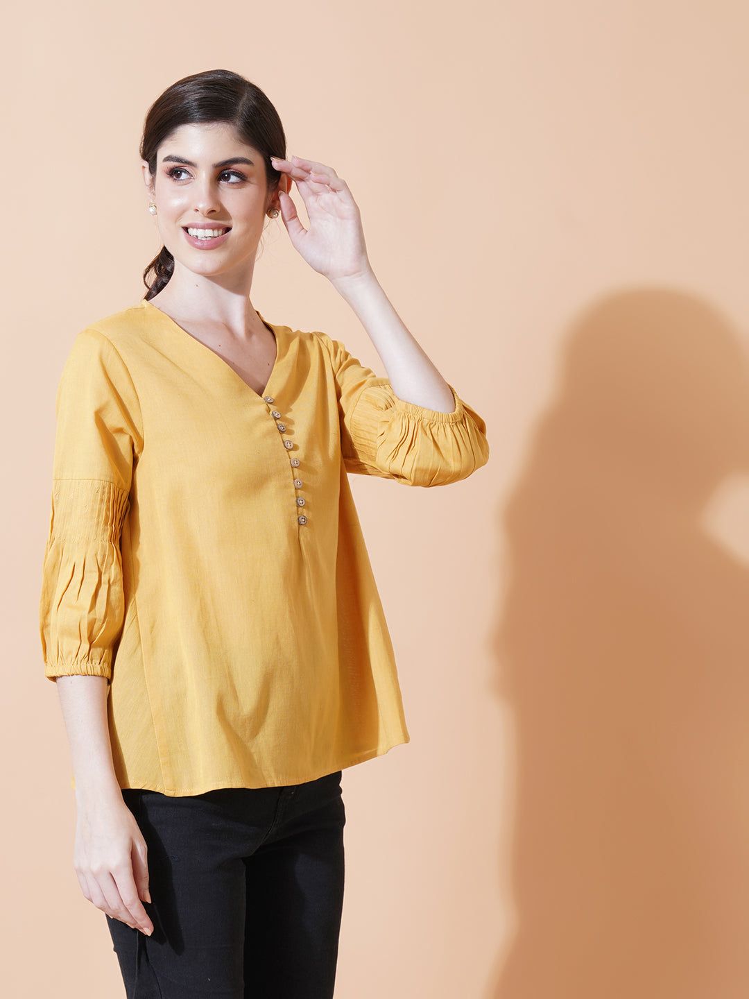 Women Yellow Solid Cotton Flex Top