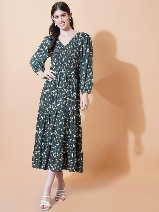 Women Green & Pink Floral Print Smocked Maxi Dress