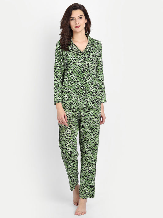 Women Black & Green Animal Print Polyester Pyjama & Shirt Nightsuit Set