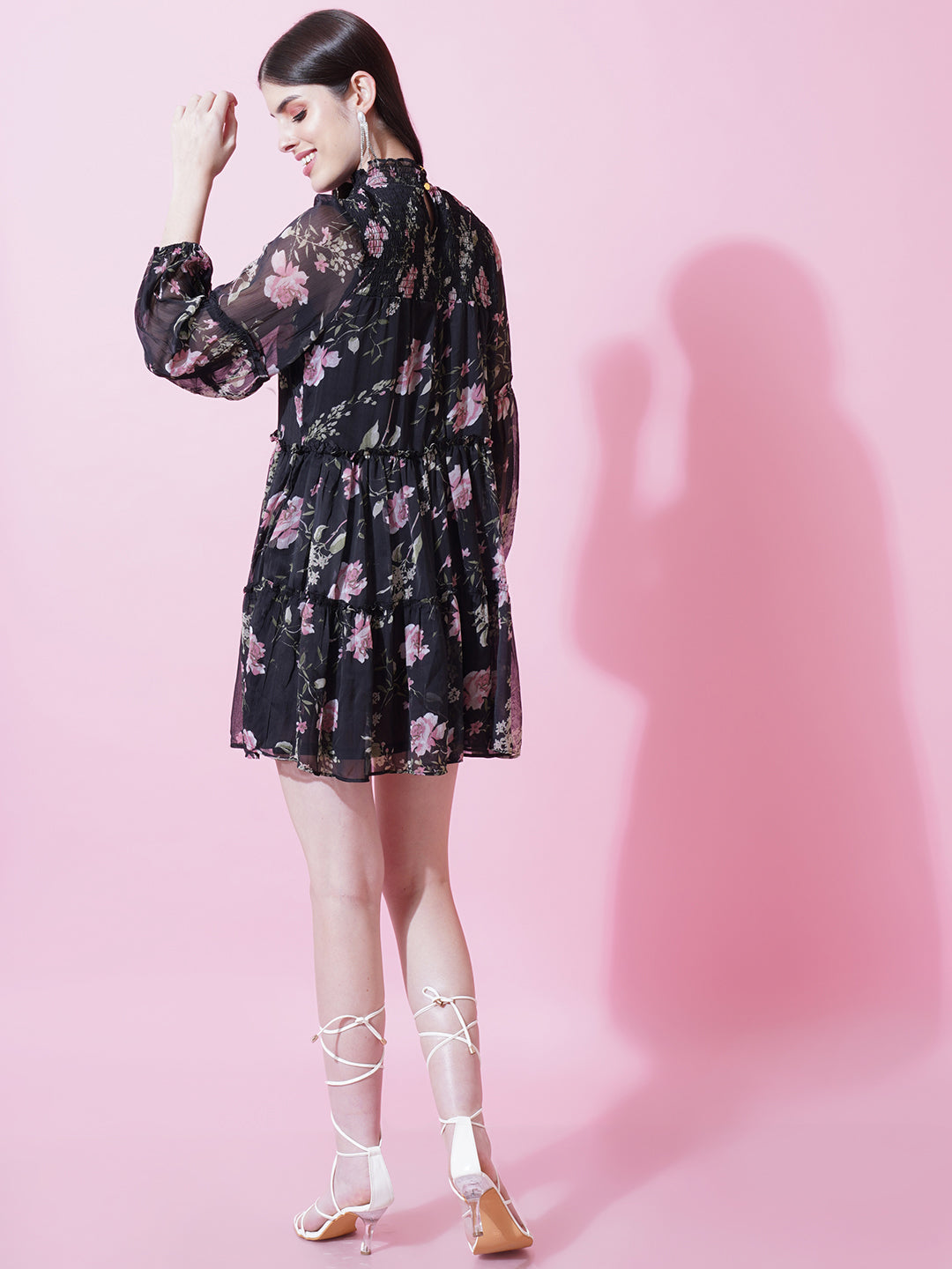 Women Black & Pink Floral Print Above Knee Length Smocked Dress