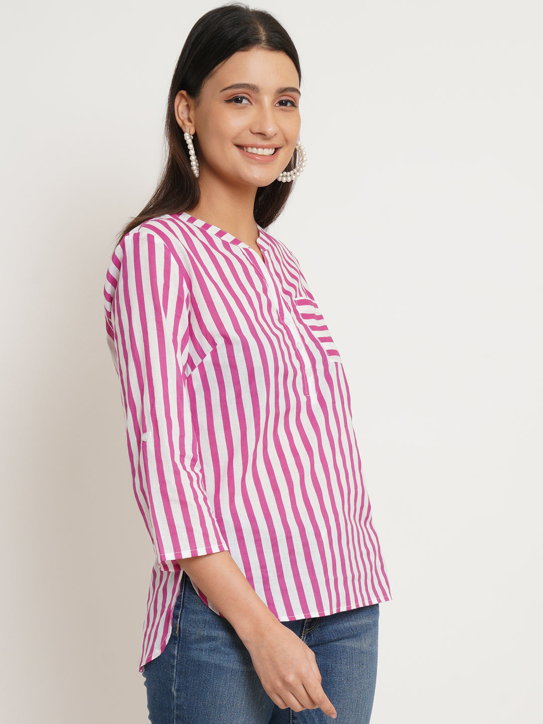Women Pink & White Stripe Plus Size Top