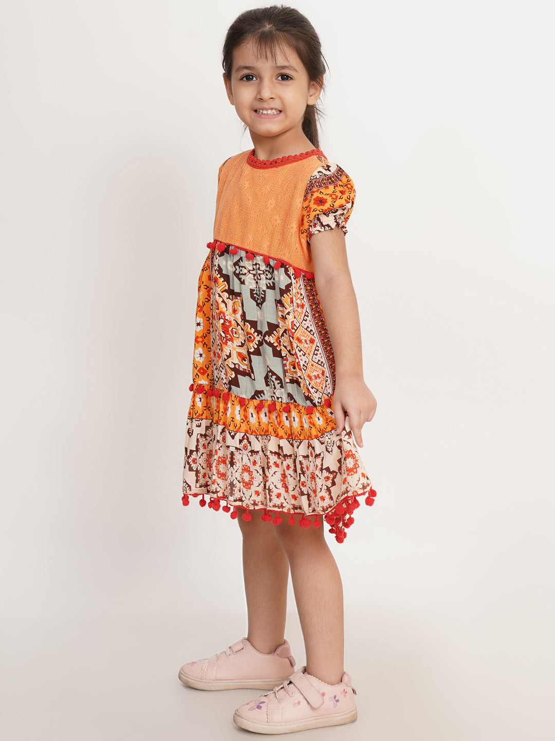 CREATIVE KID'S Girl Yellow & Red Schiffli Pom Pom A-Line Dress