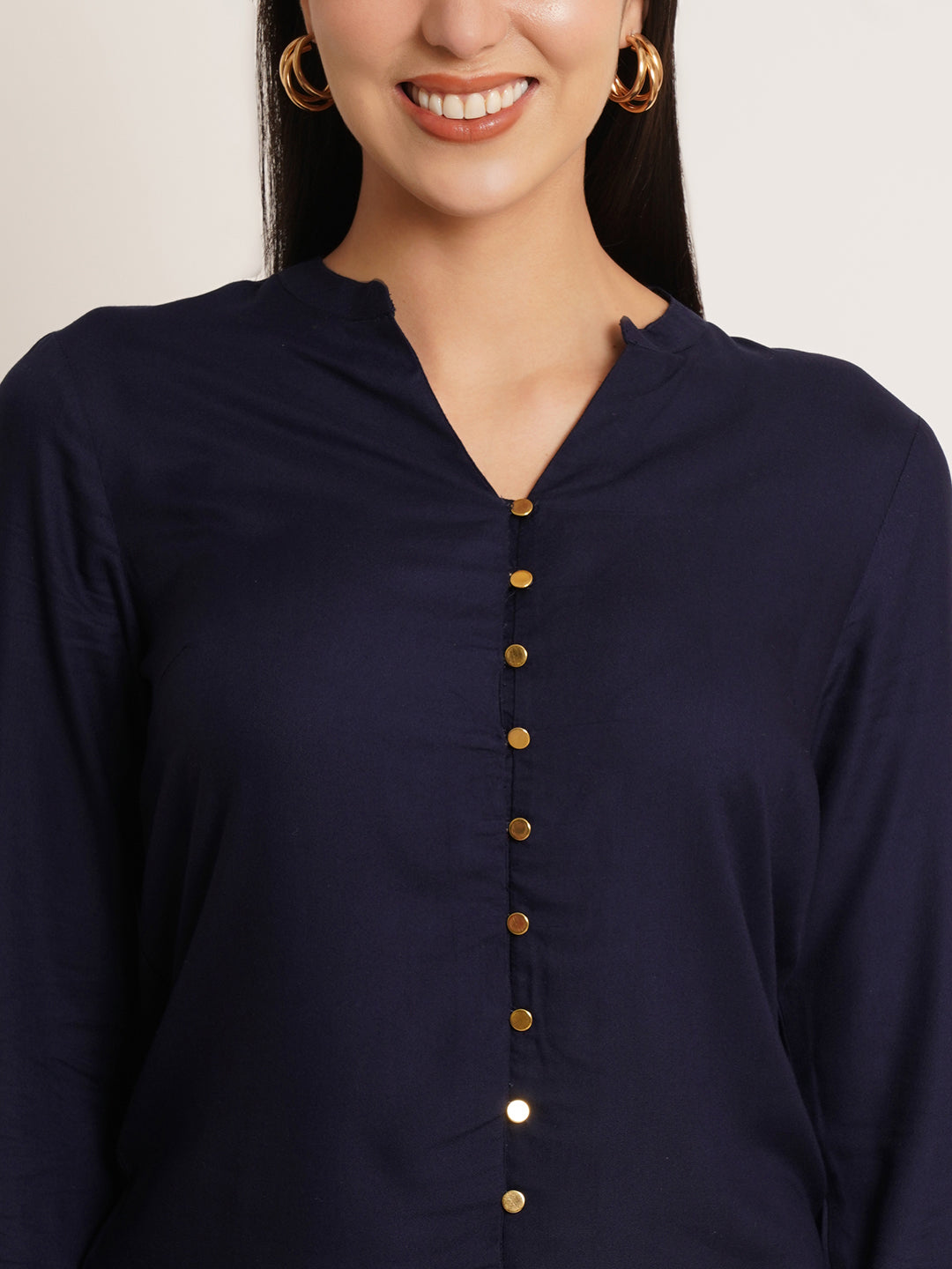 Women Navy Blue Solid Mandarin Collar Top