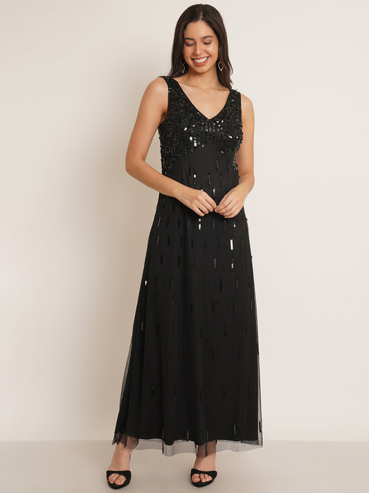 Women Black Embellished V-Neck Maxi Gown