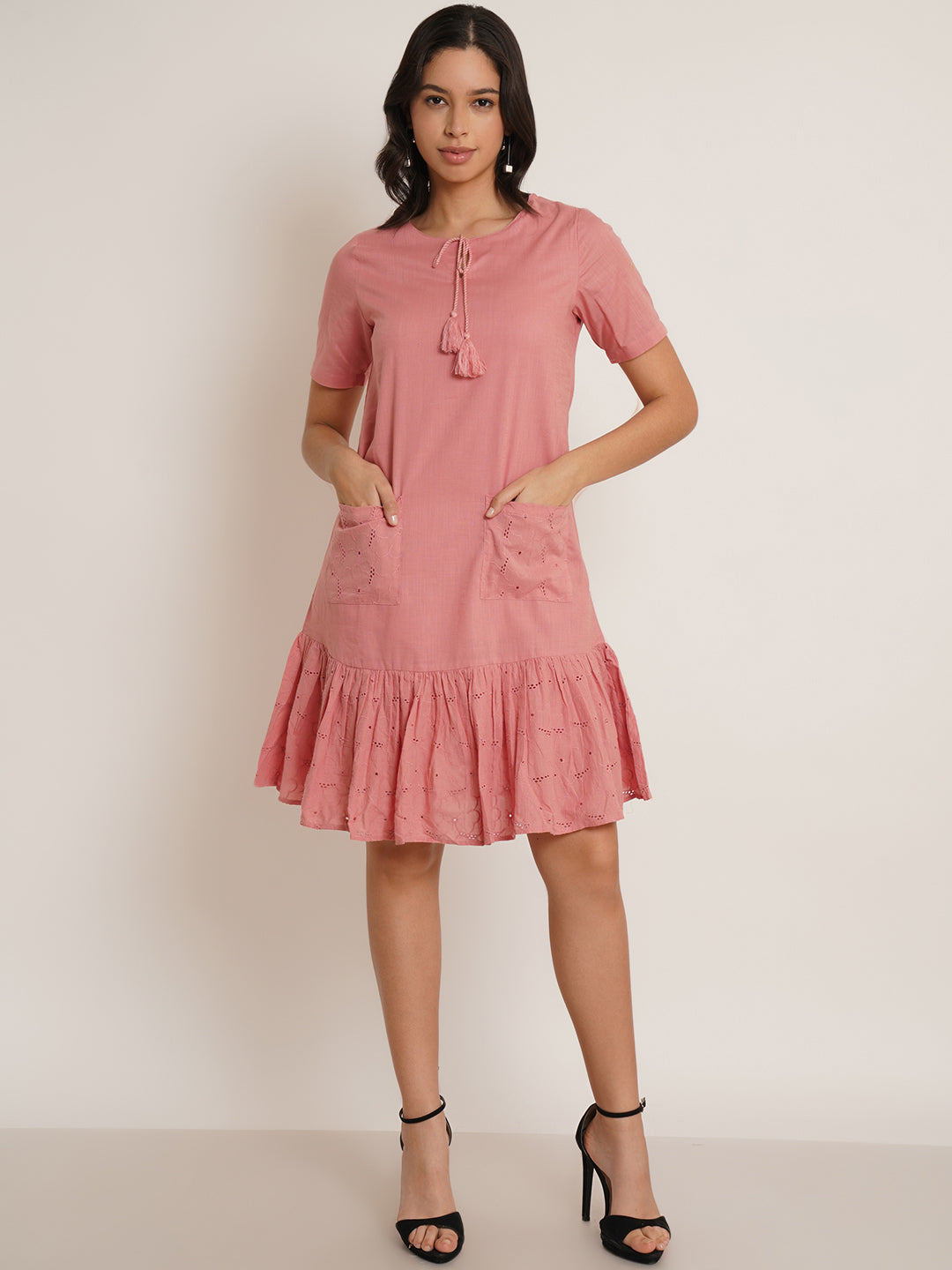 Women Pink Schiffli Tie-Up Neck Dress