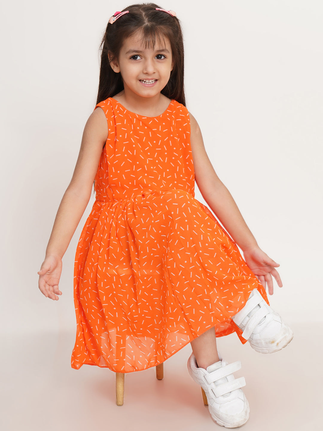 CREATIVE KID'S Girl Orange & White Geometry Print A-Line Dress