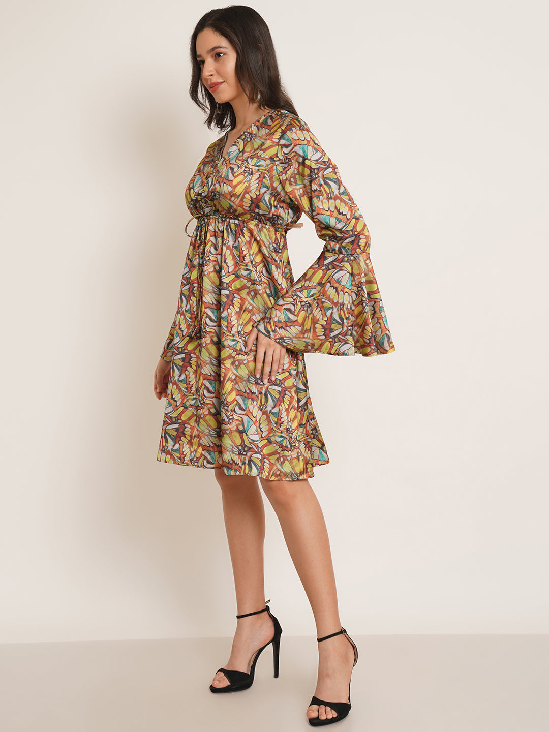 Women Yellow & Brown Printed Bell Sleeve Drawstring Fit & Flare Dress