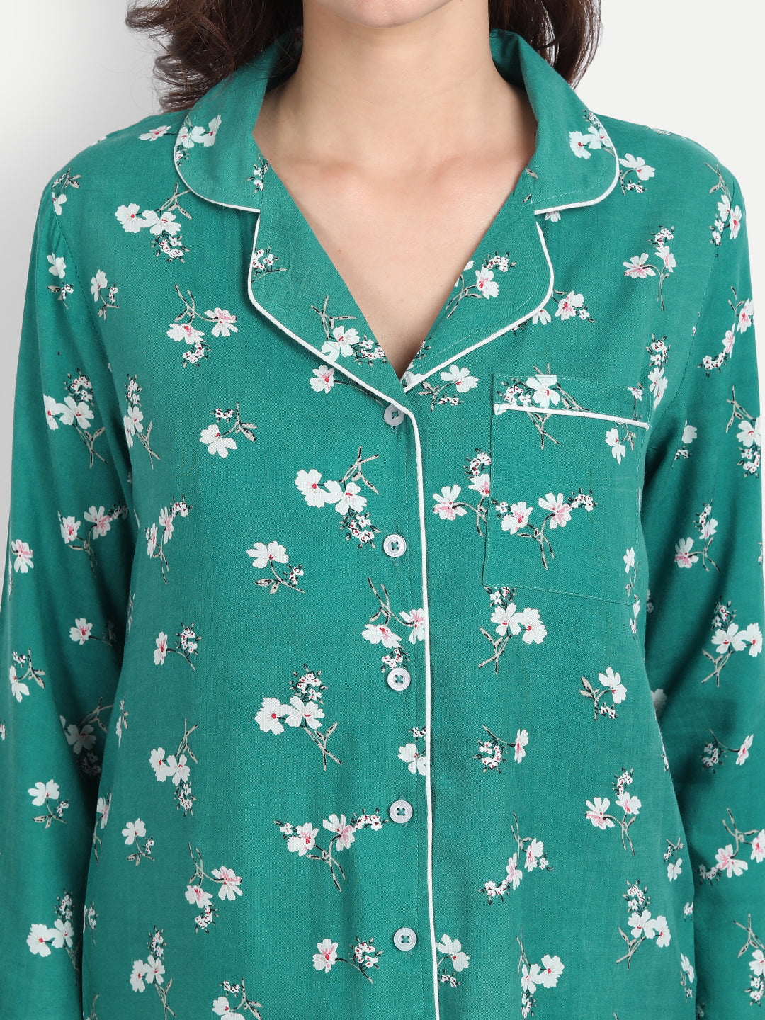 Women Green Floral Print Rayon Pyjama & Shirt Nightsuit Set