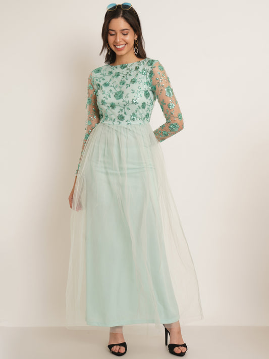 Women Green Embellished Floral Round Neck Maxi Gown