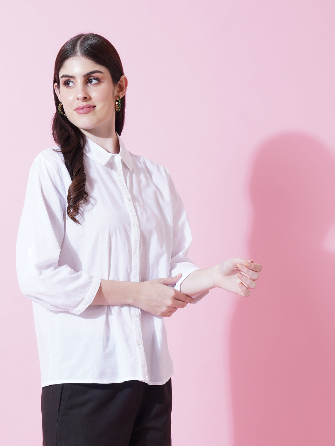 Women White Solid Spread Collar Cotton Shirt Style Top