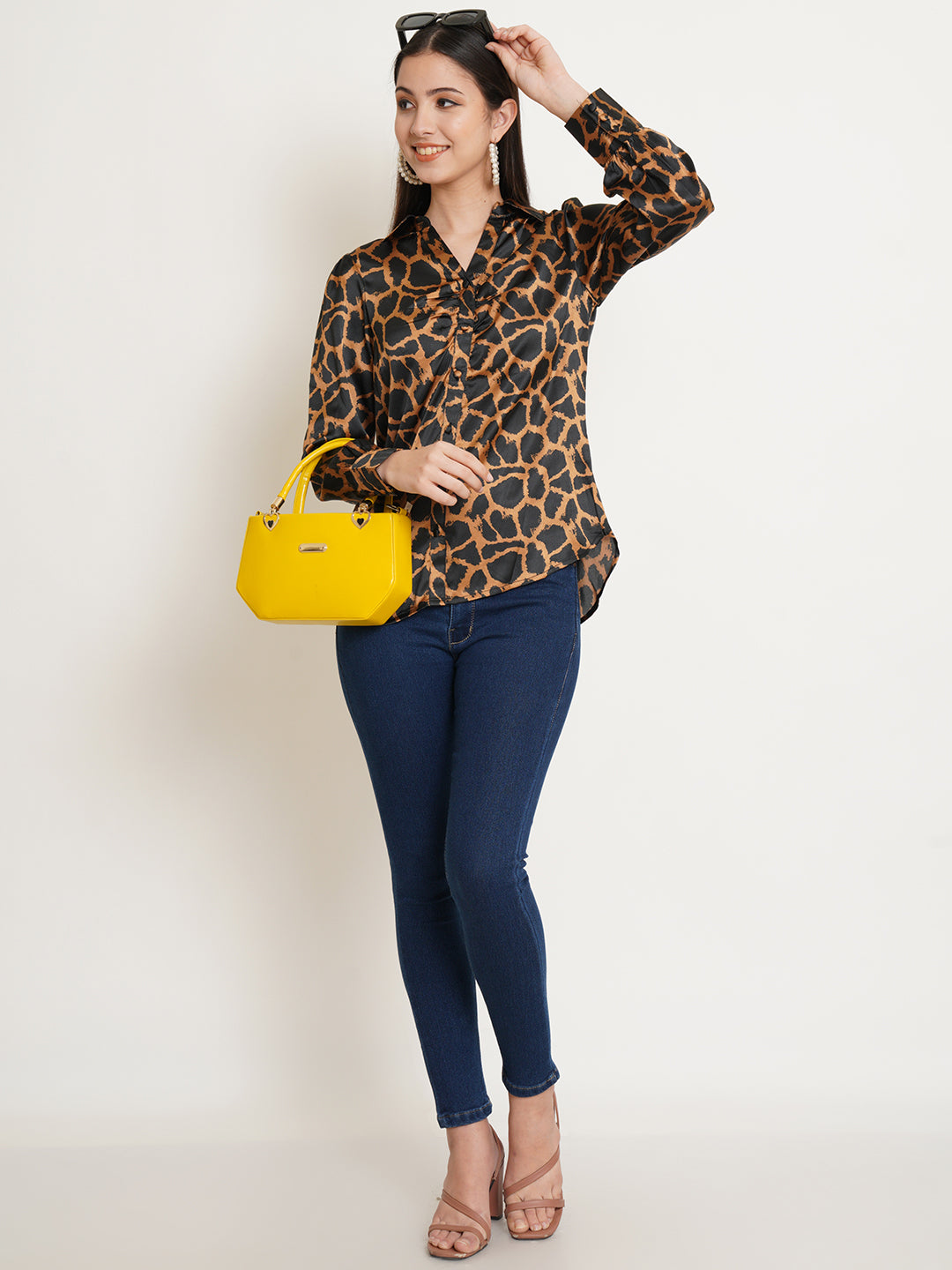 Women Black & Gold Animal Printed Satin Full Sleeves Shirt Collared Tops