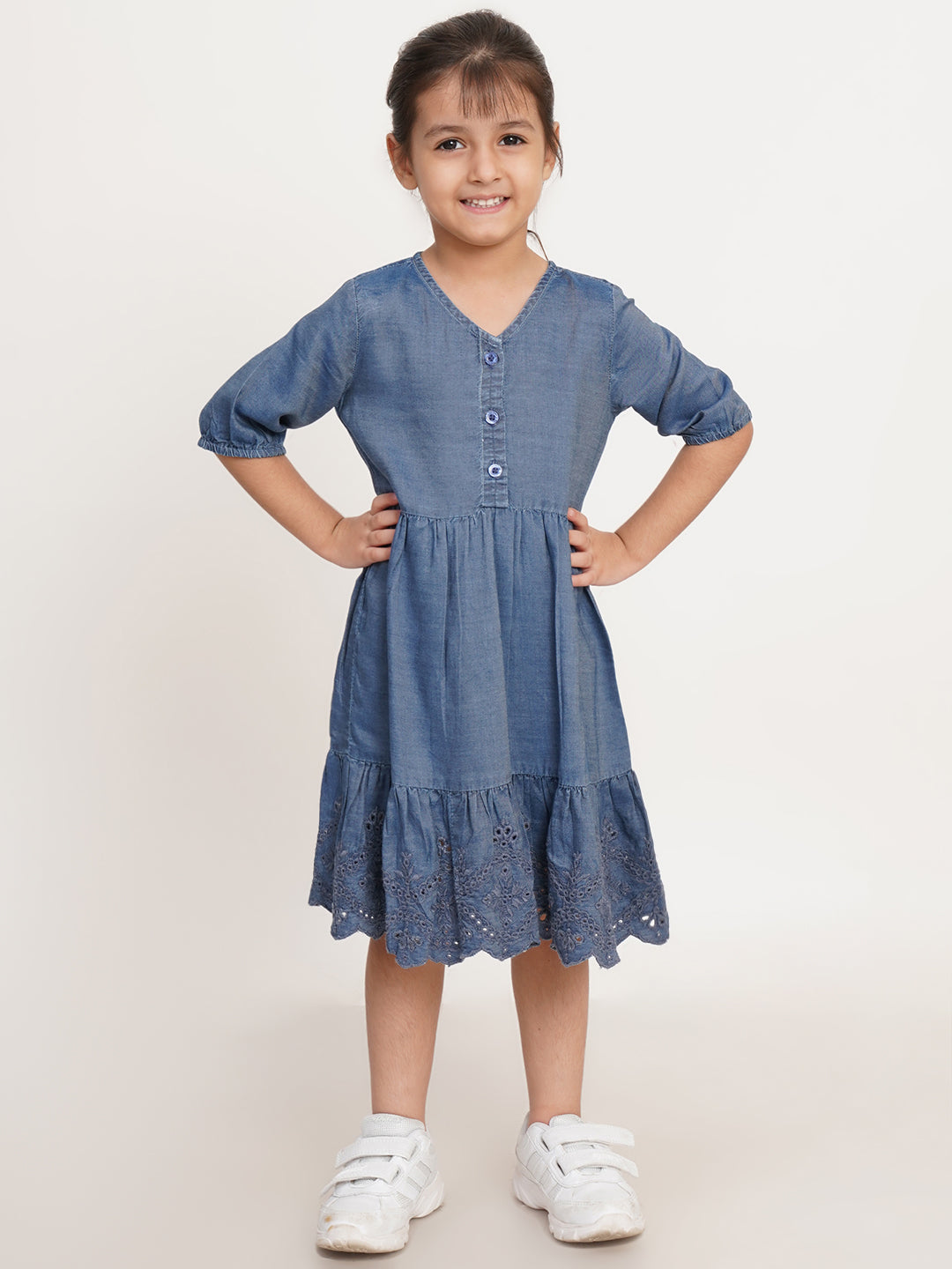 CREATIVE KID'S Girl Navy Blue Schiffli Denim Fit & Flare Dress