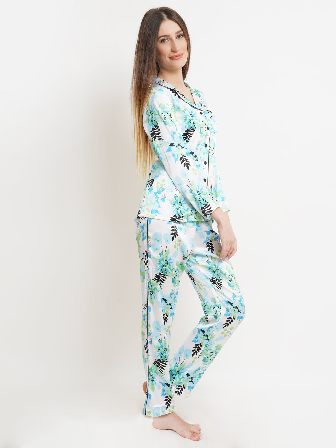 Women Green & White Satin Leaf Print Pyjama & Shirt Nightsuit Set