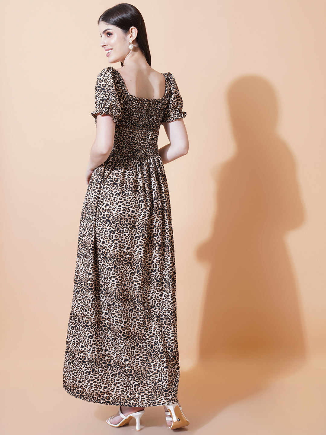 Women Brown & Black Animal Print Smocked Maxi Dress