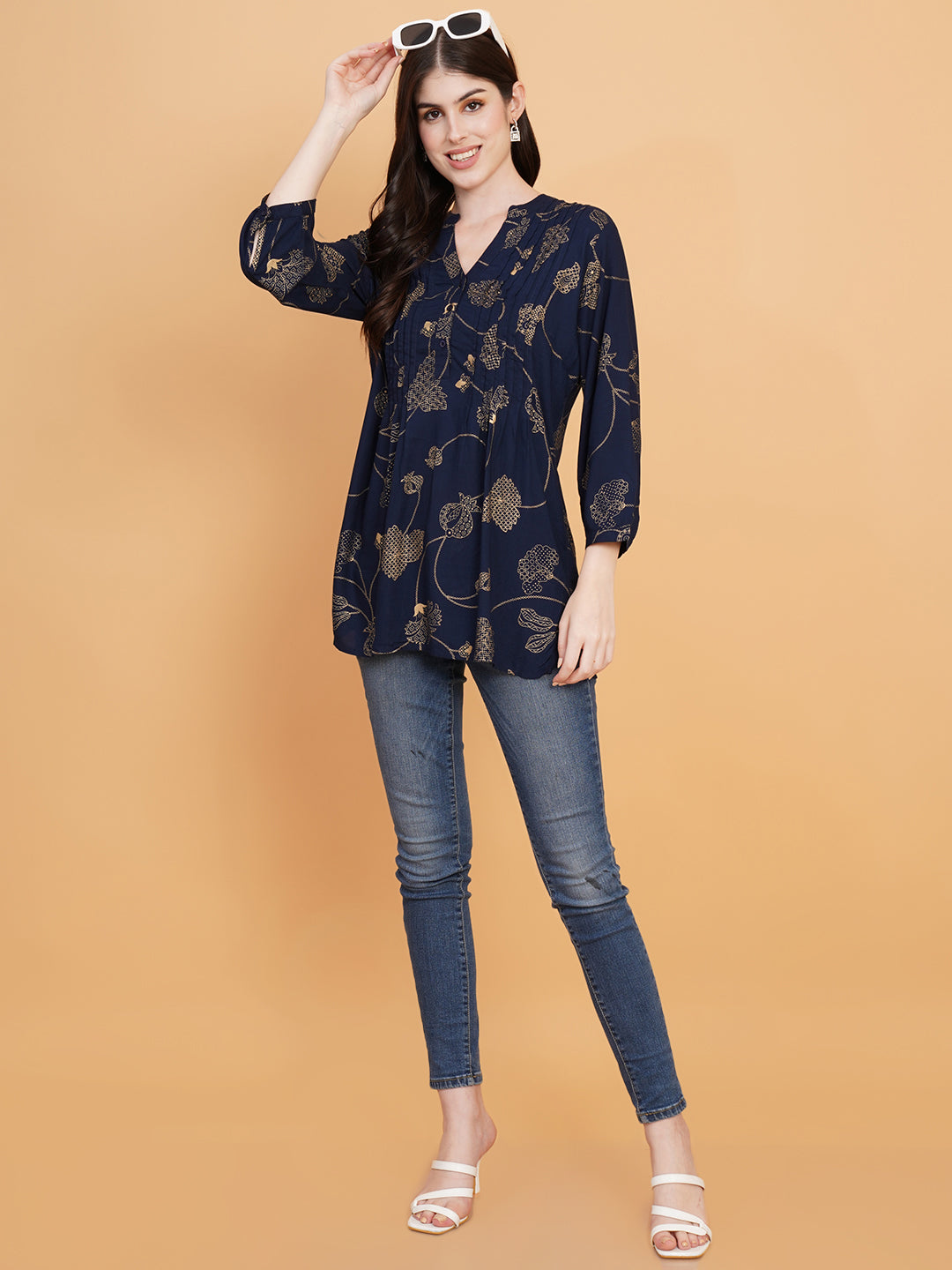 Women Navy Blue Pintuck Mandarin Collar Pintuck Tunic