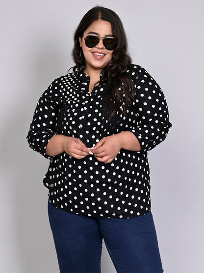 Women Plus Size Black & White Printed Pintuck Mandarin Collar Longline Top