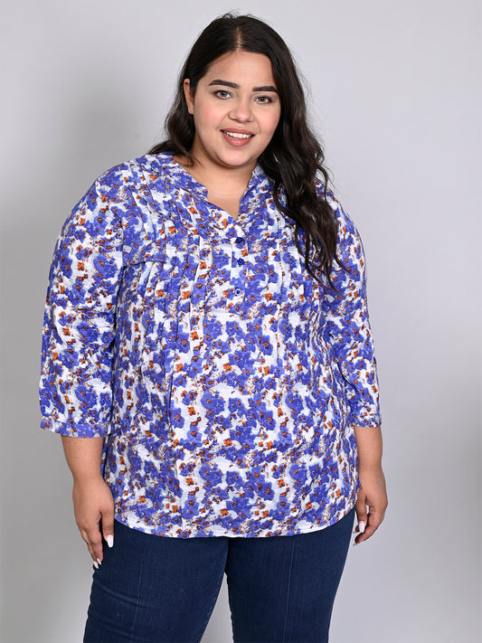 Women Plus Size Blue & White Printed Pintuck Mandarin Collar Longline Top