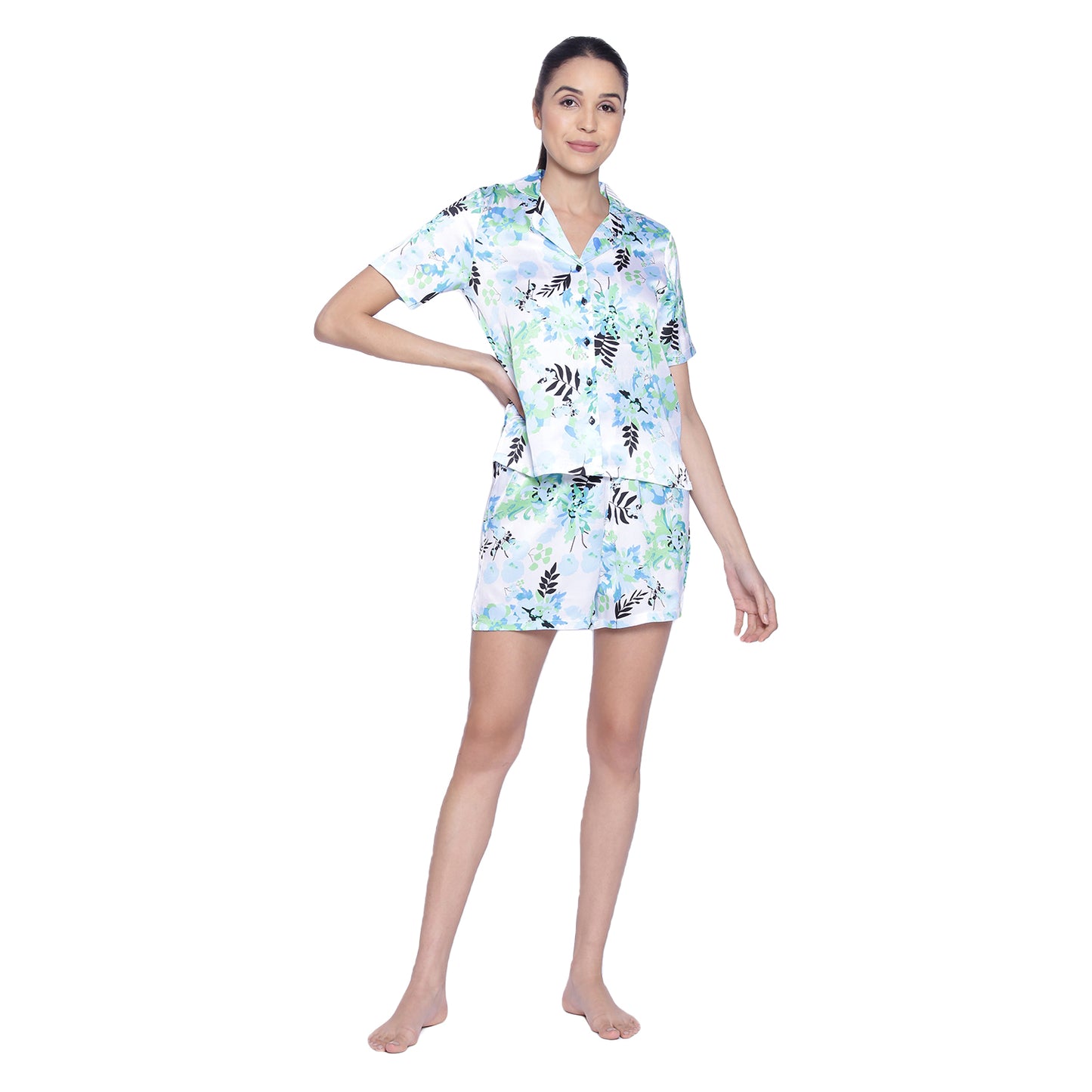 Women's Green & White Leaf Print Satin Shorts & Shirt Nightsuit Set