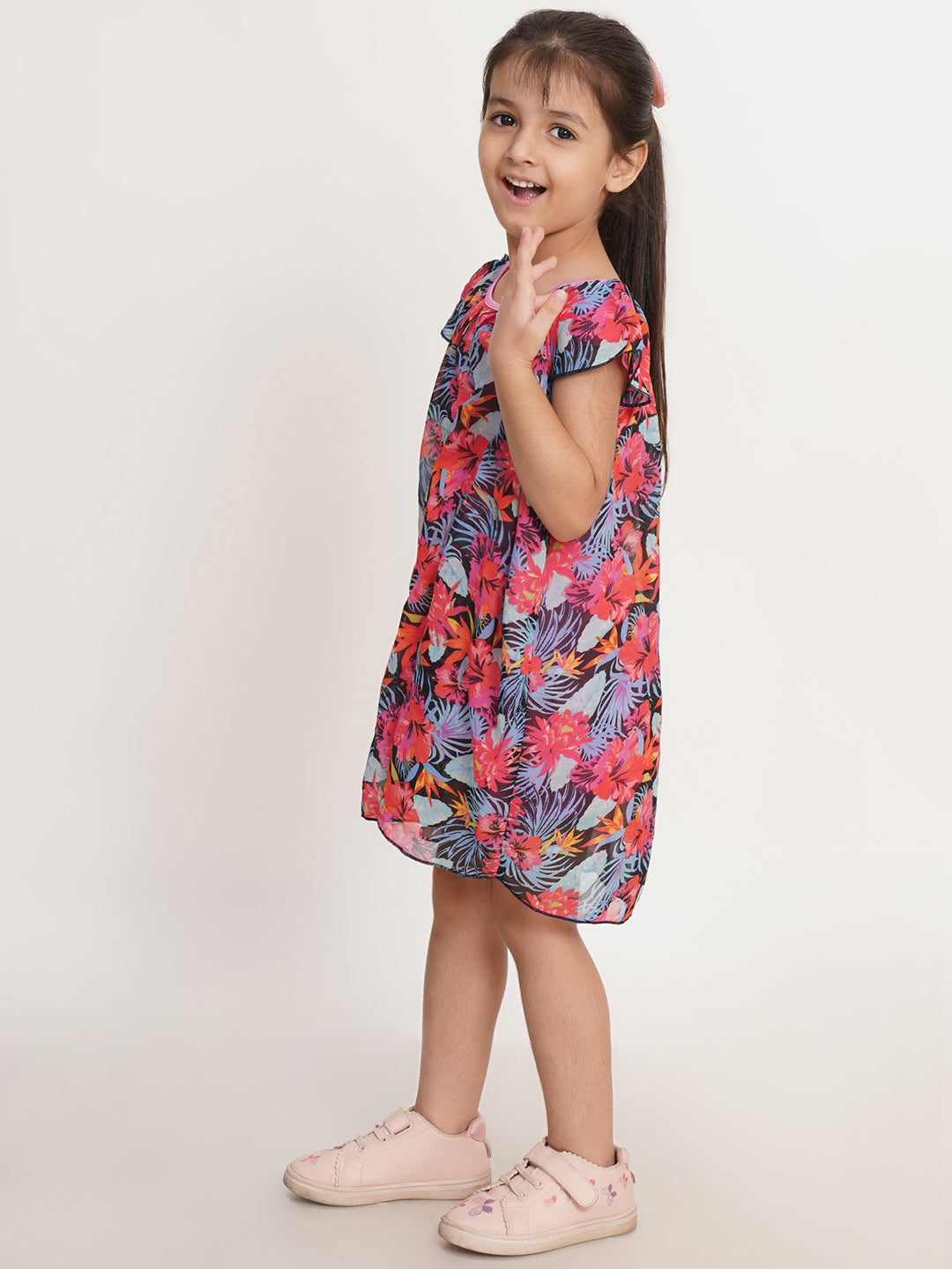 CREATIVE KID'S Girl Pink & Black Floral Print A-Line Dress