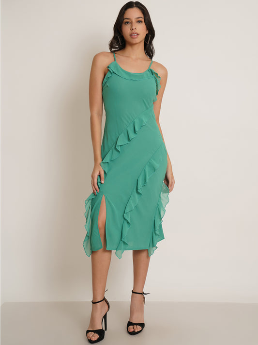 Women Green Solid Frill Midi Dress