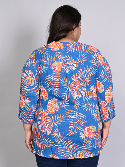 Women Plus Size Blue & Orange Printed Pintuck Mandarin Collar Longline Top