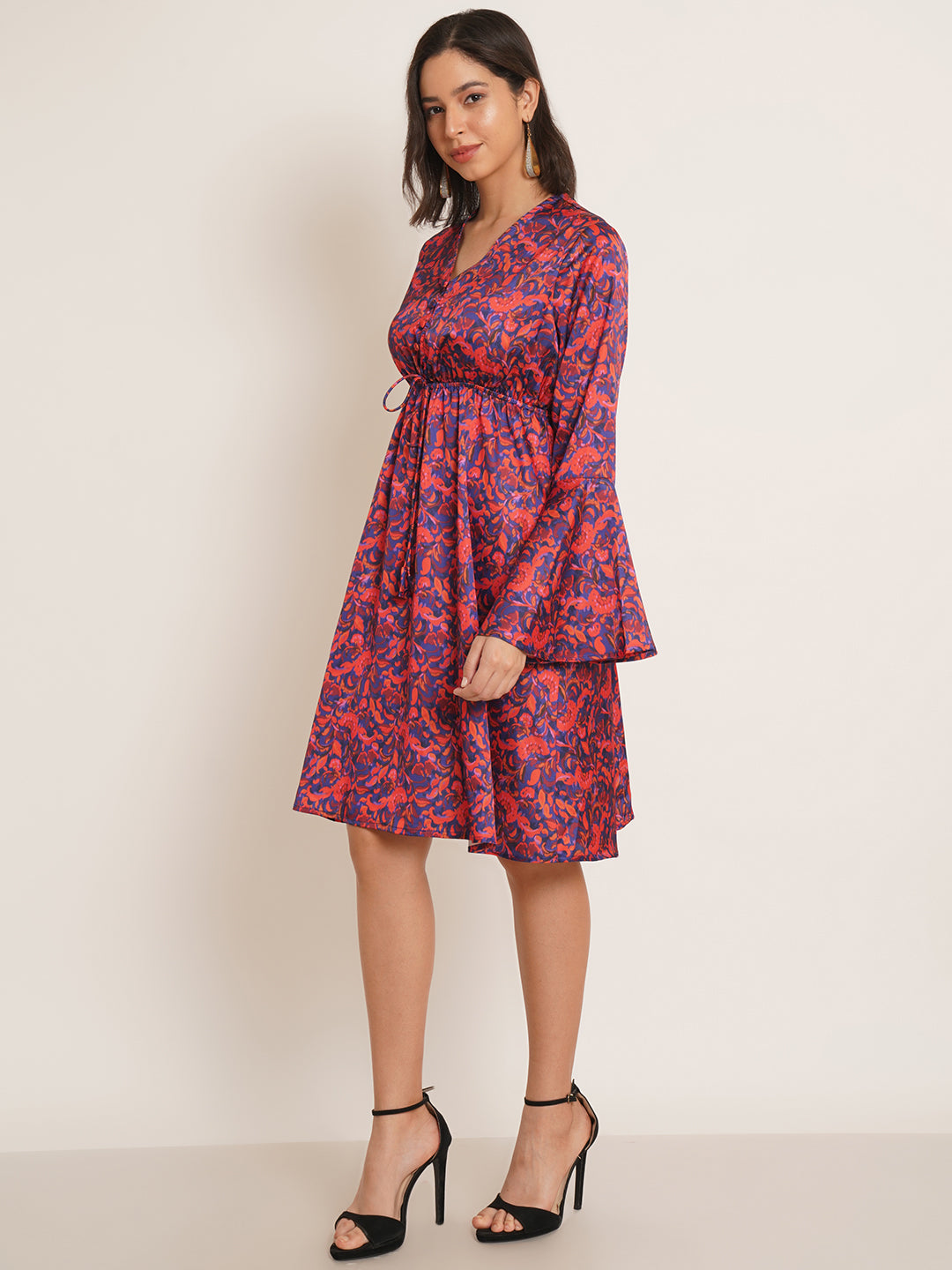 Women Red & Navy Blue Printed Bell Sleeve Drawstring Fit & Flare Dress