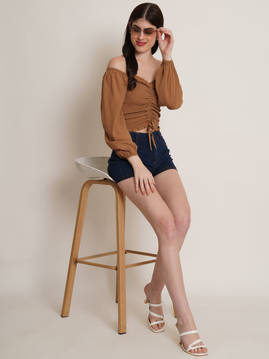 Women Brown Solid Drawstring Front Ditsy Smocked Crop Top