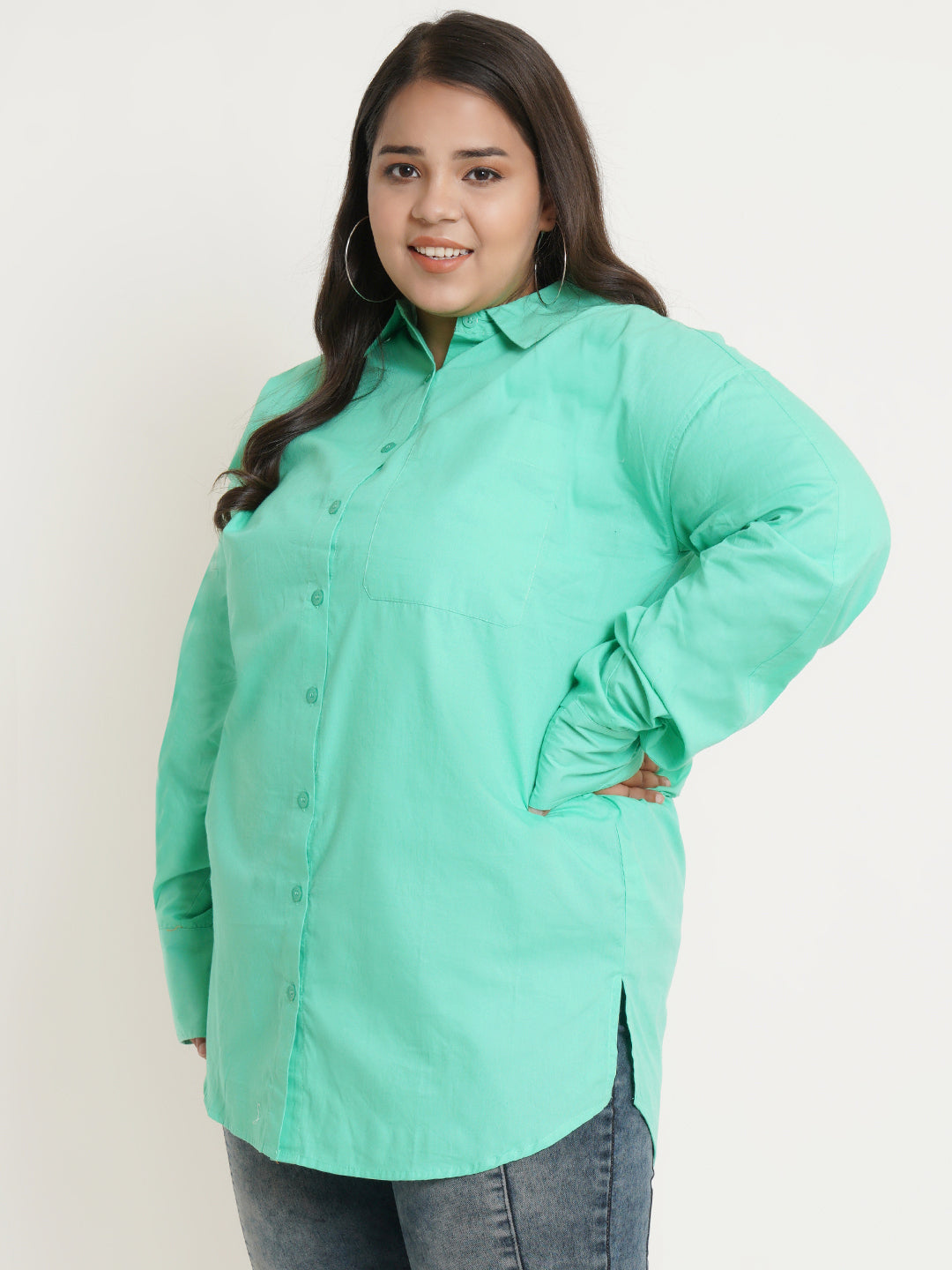 Women Green Full Sleeves Collar Style Plus Size Top