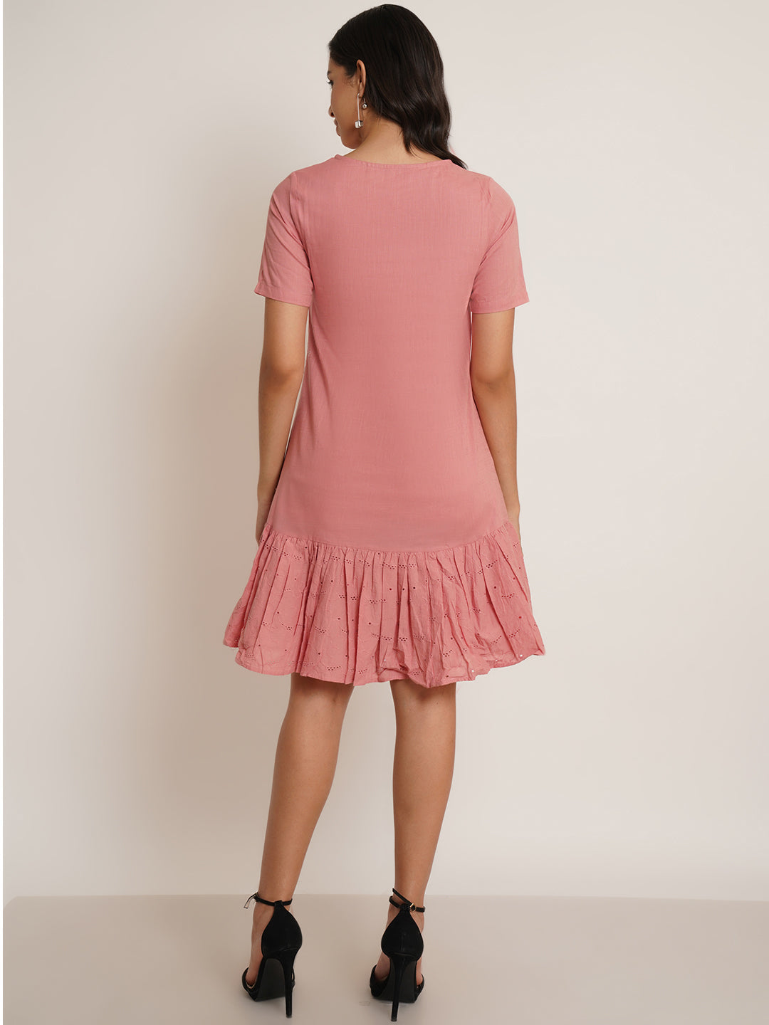 Women Pink Schiffli Tie-Up Neck Dress