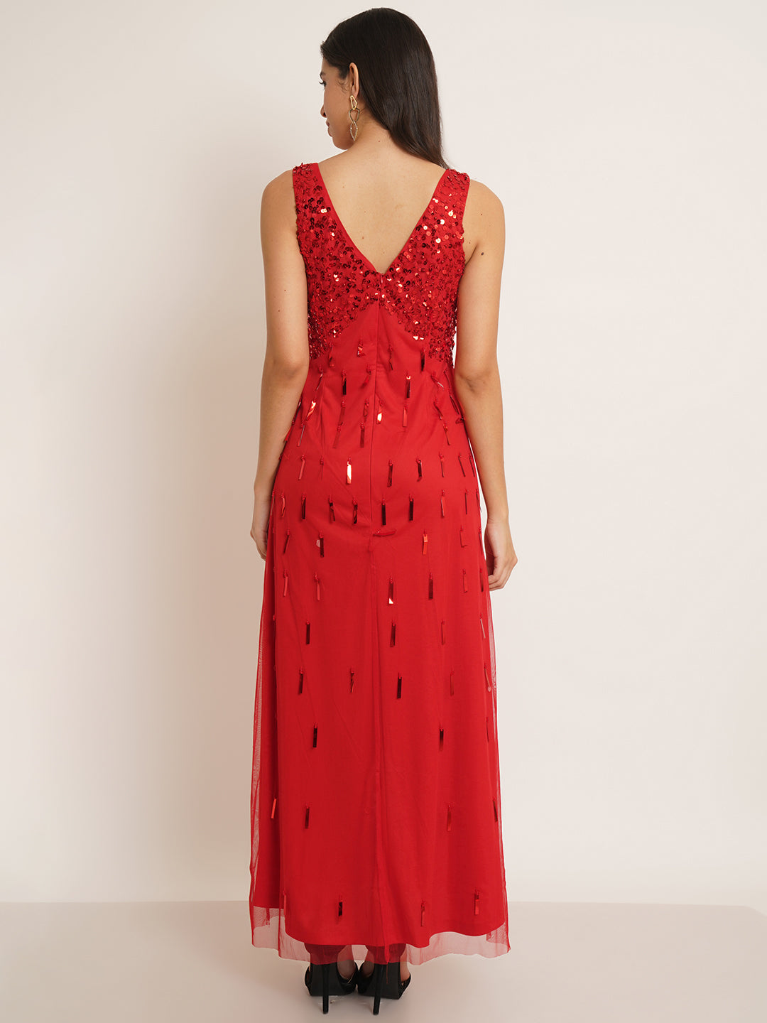 Women Red Embellished V-Neck Maxi Gown