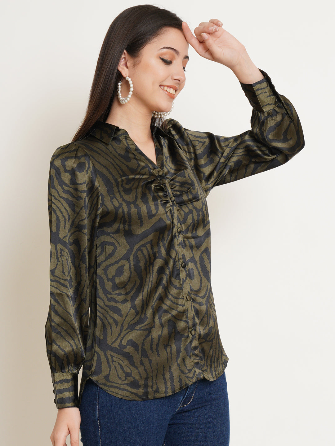 Women Black & Green Printed Satin Full Sleeves Shirt Collared Tops