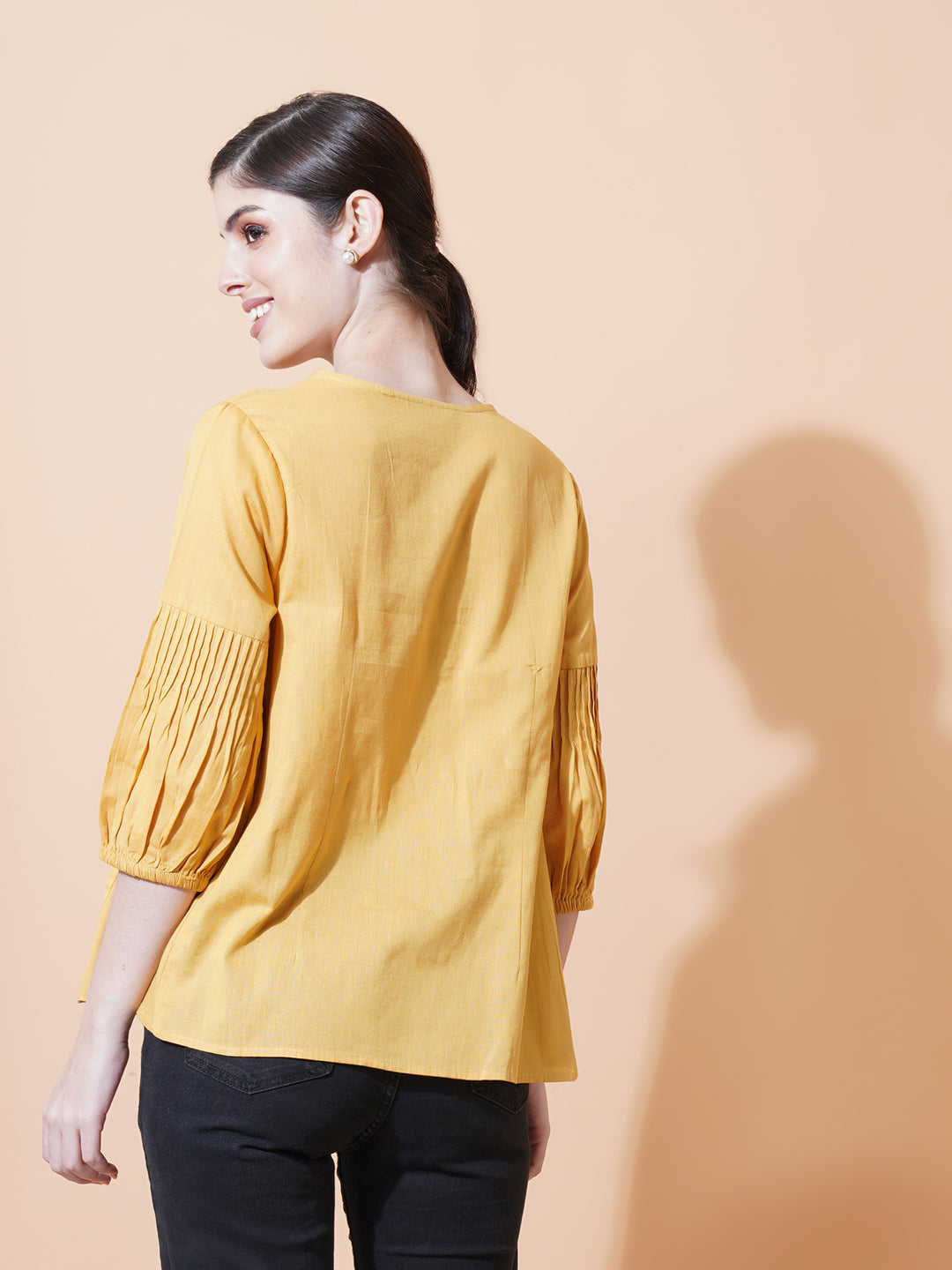 Women Yellow Solid Cotton Flex Top