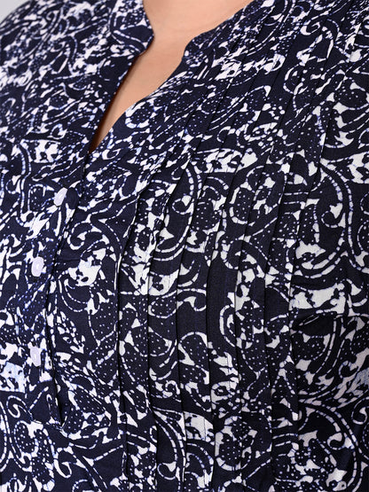 Women Plus Size Navy Blue & White Printed Pintuck Mandarin Collar Longline Top
